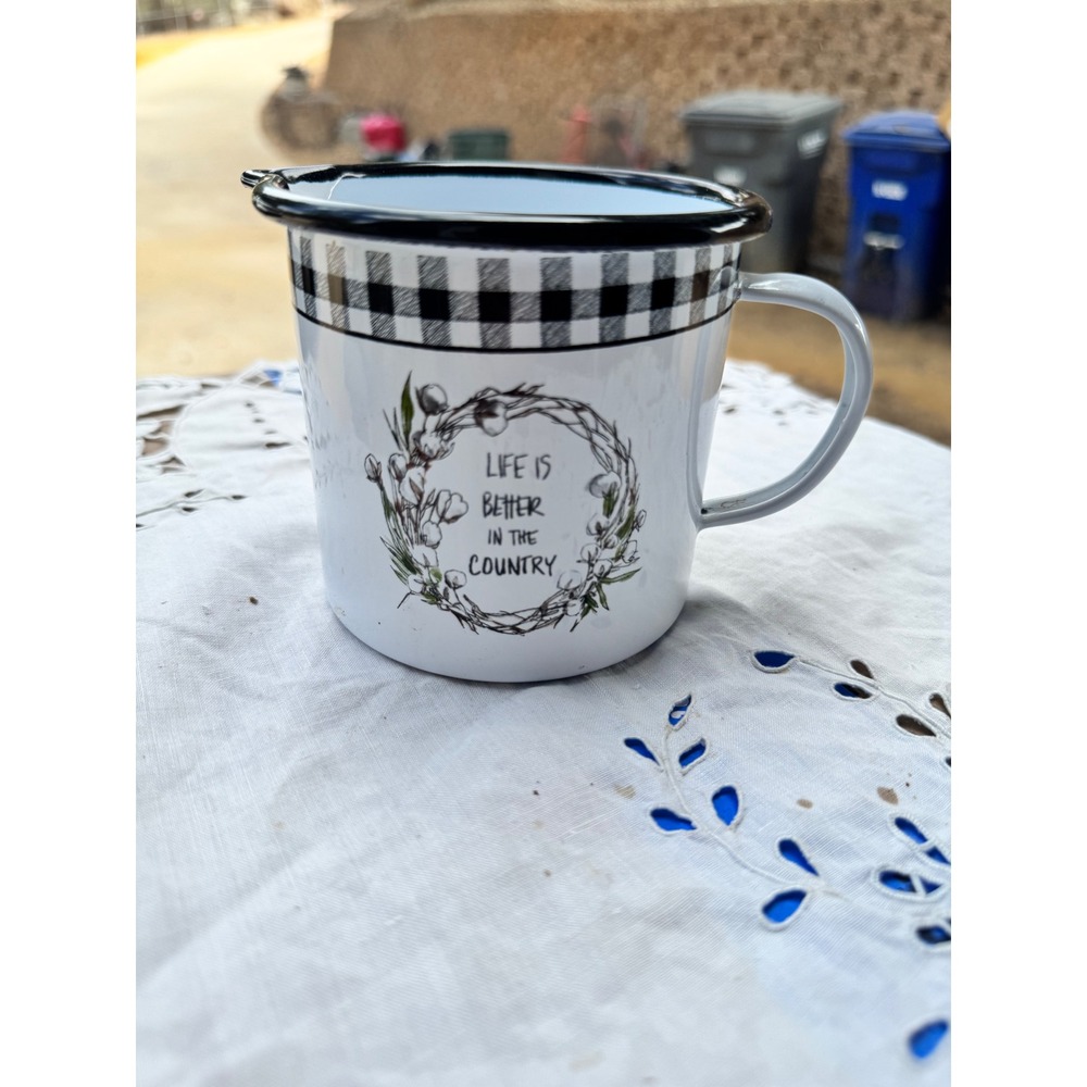 Farmhouse Enamelware Pitcher Life is Better in the Country Gingham Mug Spout